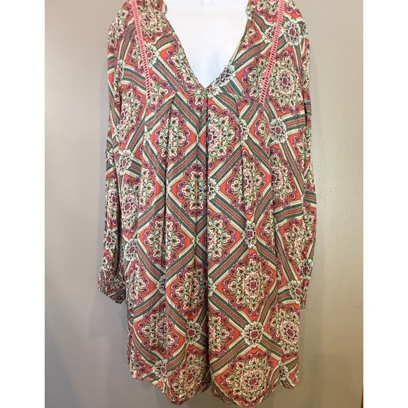 En Creme Dresses & Skirts - En Creme 1X Boho Paisley Print Shift Dress Pink Green Long Sleeve Plus Size